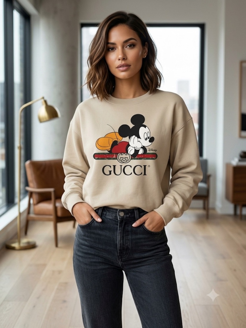 Gildan Beige Crewneck Sweatshirt with Mickey Graphic
